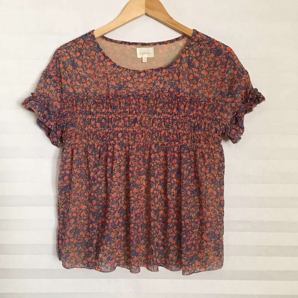 Deletta Womens Blouse Top Size S Lined Short Sleeve Floral Stretch Curled Hem